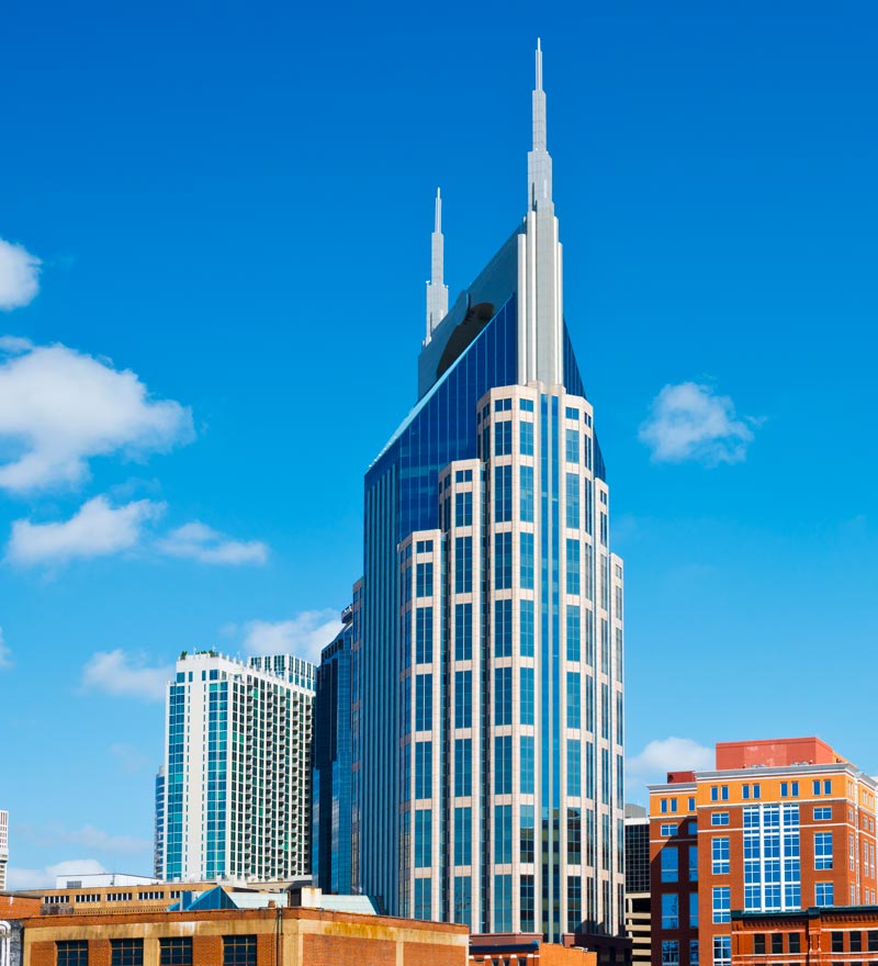 Nashville skyline view against blue sky