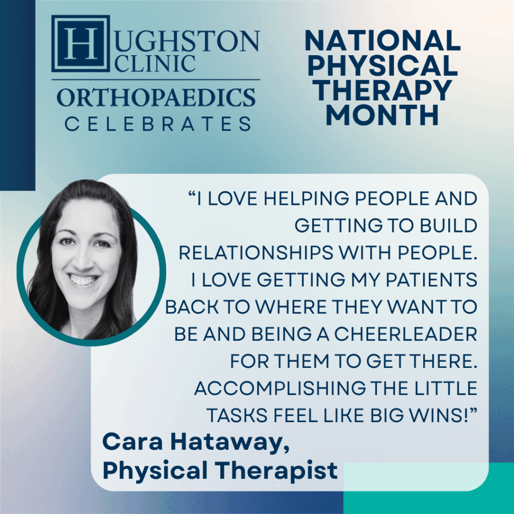 Graphic with a photo of Cara, Hughston PT, sharing why she loves her job.